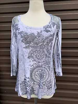 Vanilla Sugar Womens Blouse White/ Gray Floral Studs  3/4 Sleeve Size S Stretch • $15.99