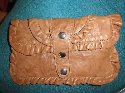 $25 • Buy Ladies TREESJE Chestnut Brown Soft Leather Ruffle Clutch Purse Handbag