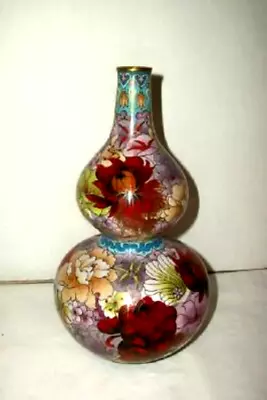 Vintage Cloisonne Double Gourd Vase Red Flowers Turquoise Lined Deco Designs • $189.89