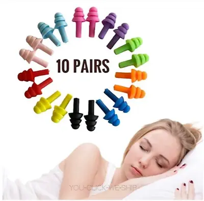 ** 10 PAIRS **  Soft Silicone Ear Plugs - Reusable Noise Cancelling Sleep Swim  • £3.69