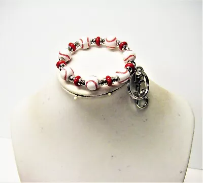 White/Red Acrylic Baseball W/Flat Red Donut Glass Bead Bracelet W/Silver Key Cha • $14.95