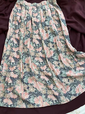 Vintage Laura Ashley Floral Midi Skirt Navy Peach Fawn & Pale Green Size 12 • £12