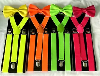 Bright Colour Braces Matching Pre-Tied Bow Tie Fancy Dress Disco 80'S Party New • £6.49