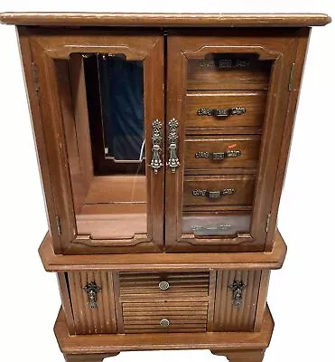 Vintage Jewelry Box Cabinet Mirror Music Box Vanity Ring Armoire Organizer Wood • $79.95