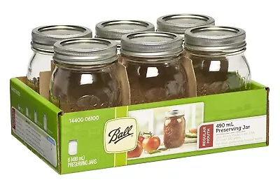 GLASS MASON JARS WITH LIDS 490ML Regular Mouth 6PK - Preserving Storage Jars • £17.99