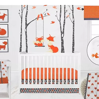 New Bacati Neutral Playful Fox Orange Grey 10 Piece Crib Bedding Set With Mobile • $85
