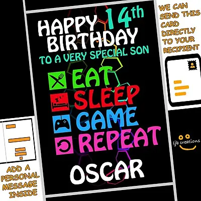 Personalised EAT SLEEP GAME REPEAT Birthday Card Son Nephew Grandson Boy Gamer • £3