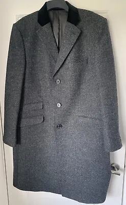 Harris Tweed Hugo James Grey Overcoat Black Velvet Collar 100% Wool Sz 42 R • £79.99