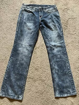 EUC Women’s Darkwash Distressed COWGIRL TUFF Jeans Size 32 OMG 35” X 35” STRETCH • $3.99
