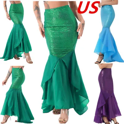 Womens Sequins Mermaid Fish Tail Maxi Skirts Halloween Party Cosplay Costume • $7.19