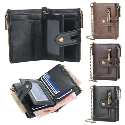 Mens Leather Short Wallet With Multiple Card Slots Double Zipper Change Coin Bag • $10.57