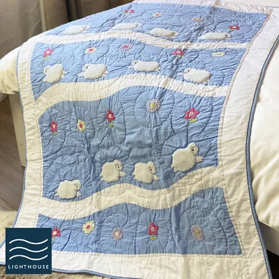 Luxury 100% Cotton Baby Blue Cot Quilt Fluffy Sheep Kids Blanket Nursery Gift • £24.95