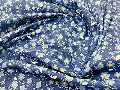 100% Cotton Navy Blue Yellow Daisy Floral Print Craft Fabric Material • £5.99