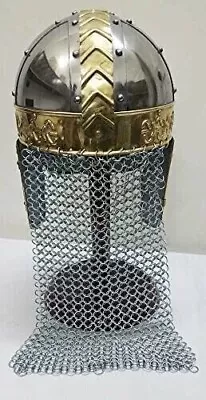 Medieval Armor Viking Mask Helmet With Chainmail With Wooden Helmet Display Stan • $119