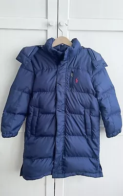 RALPH LAUREN Navy Duck Down Parka Puffer Coat Mid Length! 7yr (defect) • £4.99