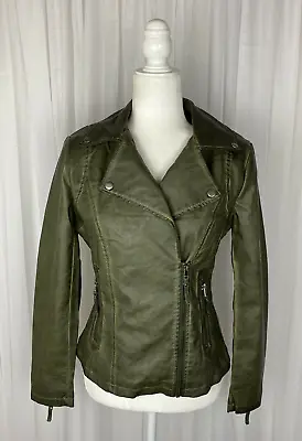 Max Studio Size S Olive Green Weathered Faux Leather Jacket New $98 Machine Wash • $24.99