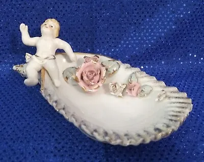 $12.99 • Buy Vintage Porcelain Cherub Angel Bowl Vase Dish Gold Trim Applied Flowers