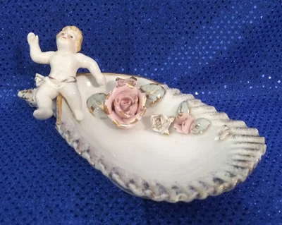 $12.99 • Buy Vintage Porcelain Cherub Angel Bowl Vase Dish Gold Trim Applied Flowers