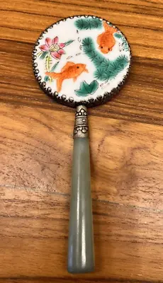 Vintage Asian Handheld Mirror Hand Painted Porcelain Jade Handle Collectible • $15.99