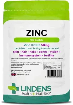 Zinc 100 Tablets 50mg High Strength Immune Health Lindens • £4.69