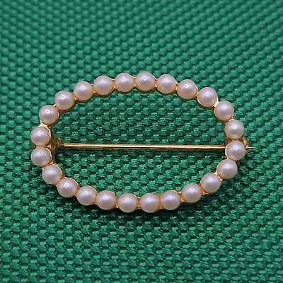 Vtg Oval Faux Pearl Brooch Lapel Pin Open Dainty Gold Tone Wreath Seed Bead • $9.99