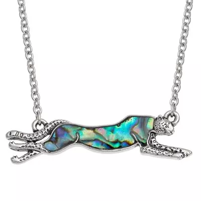 Cheetah Cat Necklace Paua Abalone Shell Pendant Silver Fashion Jewellery Boxed • £10.95