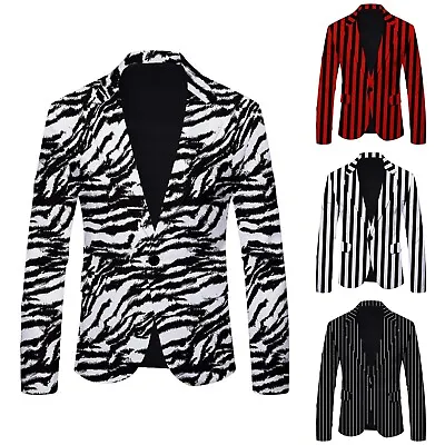 Mens Blazer Jacket Slim Fit Casual Single Button Zebra Stripe Suit Separate Coat • £34.79