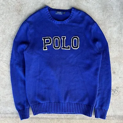 Polo Ralph Lauren Blue Varsity Patch Spellout Knit Pullover Sweater Men’s Large • $70.99