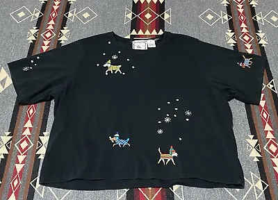 Michael Simon Lite Dog T Shirt Embroidered Black Size XL Cropped Xmas Snow T48 • $35.95