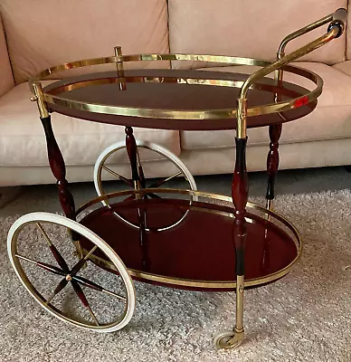 Vintage 1960er Collector's Item Tea Trolley Mahogany Brass Wheels 2 Levels • $505.19