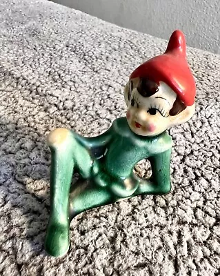 Vintage Ceramic Green Pixie Elf Red Hat Figurine Made In Japan - Missing Foot • $25