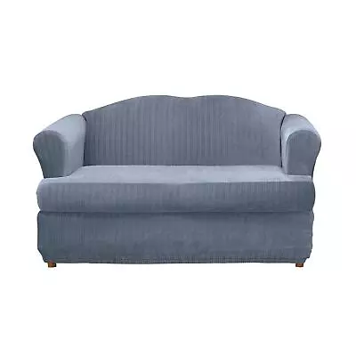 Stretch Pinstripe 2 Piece T Cushion Loveseat Slipcover In French Blue • $120.70