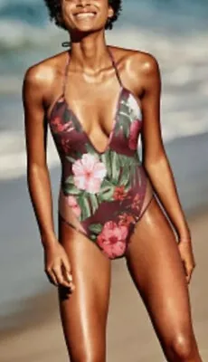 NWT Victorias Secret PINK Mesh Plunge Venetian Red Floral One Piece Mesh Sz S • $14.99