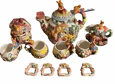 Vintage Bunny Rabbit Easter Tea Set 1999 Merc Asia Hand Painted 13 Pieces • $49