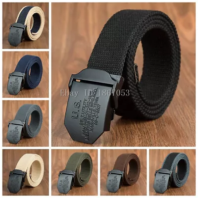 Mens Canvas Belt Waist Belts Cotton Webbing Adjustable US Black Buckle Plus Size • $14.99