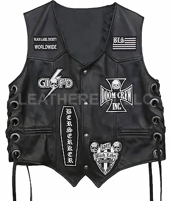 Mens Zakk Wylde Black Label Society Biker Genuine Leather Vest BLS Patches • $89.98