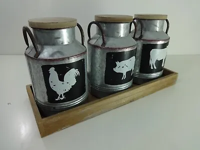 Kitchen Storage Jars Barnyard Design Mini Milk Churn Galvanised Metal X3 Set • £17.99