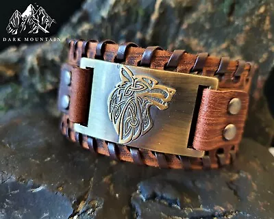 £14 • Buy Viking Bracelet Men / Thick Leather Wolf Bracelet Engraved / Cuff Bracelet