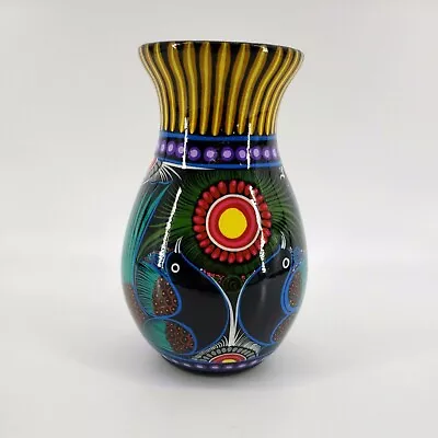 Mexican Folk Art Vase Hand Painted Pottery 7 1/2  Clay Colorful Birds Peacock • $21.99