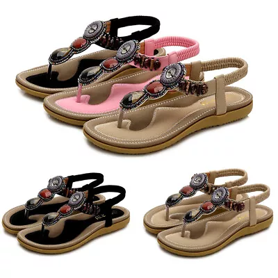 Womens Bohemian Sandals Summer Elastic Slingback Open Toe Flat Flip Flops Shoes • £6.99