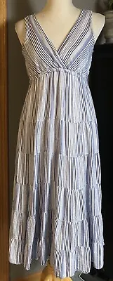 Max Studio Women’s Midi Dress Sz S White Blue Striped High Waist Sleeveless  • $14.99