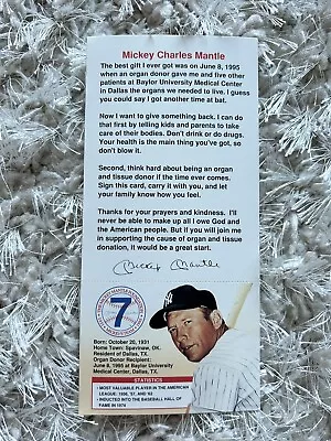 MICKEY MANTLE Organ Donor Card 1995 - Join Mickey's Team HOF New York Yankees • $1