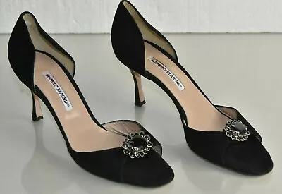 $1085 NEW Manolo Blahnik Pumps Dorsay Sedaraby Suede Black Buckle Heels Shoes 41 • $385