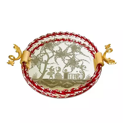 Vintage Murano Venetian Etched Glass Tray Twist Braided Red Rope Mirror Italy • $199.99