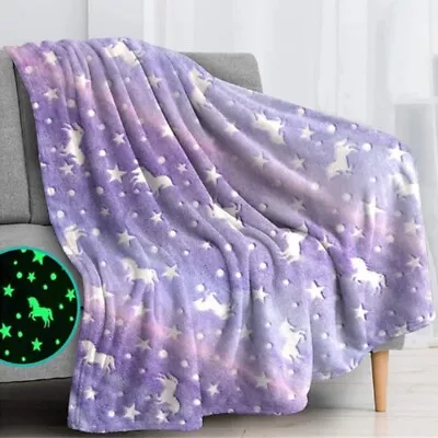 Flannel Blanket Glow In The Dark Galaxy Moon Printed Couch Sofa Throw Blanket AU • $28.45