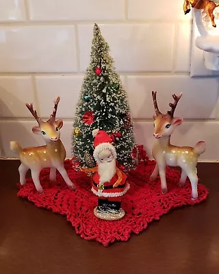 Vintage Bottle Brush Tree Santa Reindeer Doily Christmas Display 9 ×10  Japan • $55