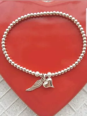 £2.99 • Buy Silver Plated Ball Bead Heart & Angel Wing Charm Stretchy Stacking Bracelet Gift