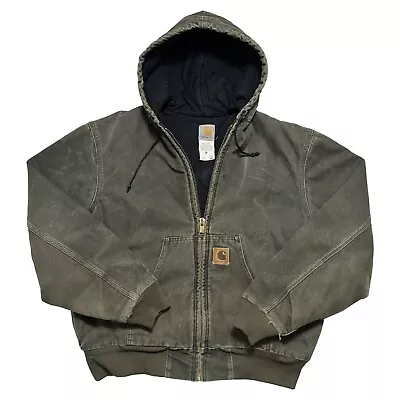 Vintage Carhartt J68 MOS Green Moss Hooded Work Jacket Quilt Lined Hooded Size L • $179.95