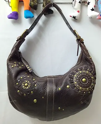 Coach Mia Brown Pebbled Leather Studded Woven Flower LMT Ed Large Hobo Bag • $150