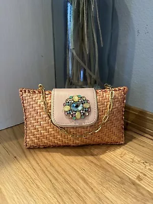 Rare Rafe New York Pink Straw Handbag Chain Handle Flower Accent • $25